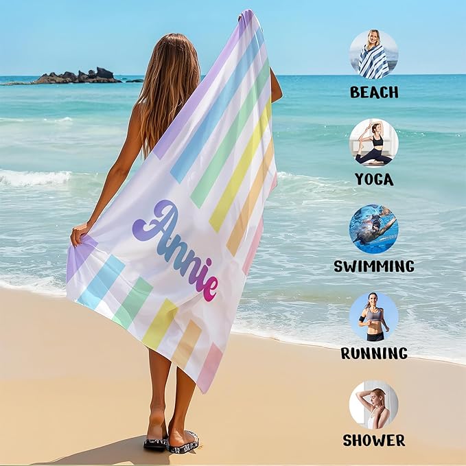 JML Personalized Beach Towel with Name, Custom Rainbow Cabana Stripe Beach Towel, Customized Microfiber Pool Towel, Quick Dry & Absorbent Swim Towel for Adult,Anniversary, Birthday, Summer Holiday-FlexoryFit