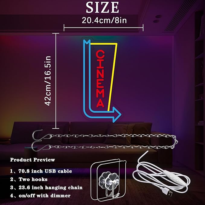 Cinema Neon Sign Arrow Neon Light for Wall Decor Movie Theater Led Neon Signs Movie Led Neon Lights for Home Theater Film Room Commercial Theater Store Decoration