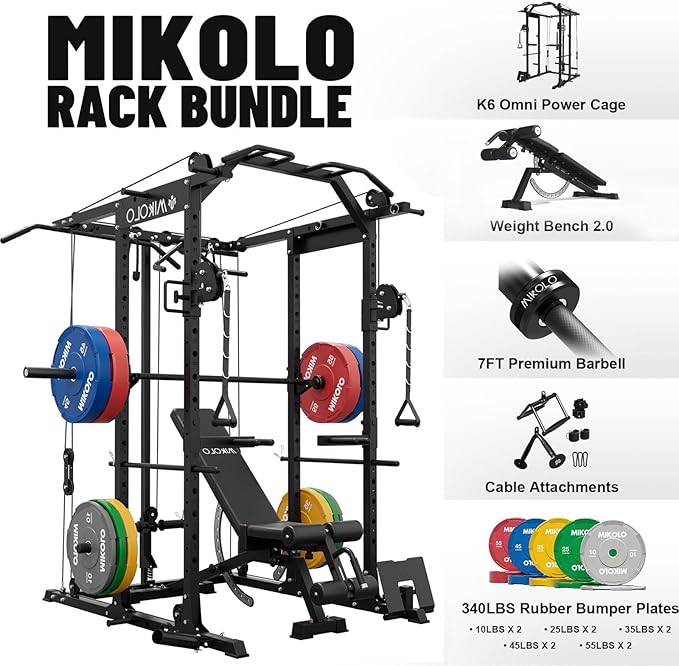 Mikolo Power Cage, Power Rack with Cable Crossover System, 1500LBS Squat Rack with LAT Pull Down System, Workout Cage with Pulley System for Fitness Home Gym-FlexoryFit