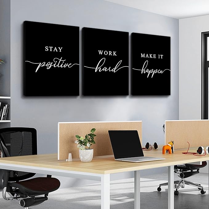 Work Hard Painting,Framed Canvas Wall Art Positive Quote, Office Wall Art, Black Large Poster, Positive Motivational Set of 3 Prints, Inspirational Print (E-3pcs,24x36inchx3pcs)-FlexoryFit