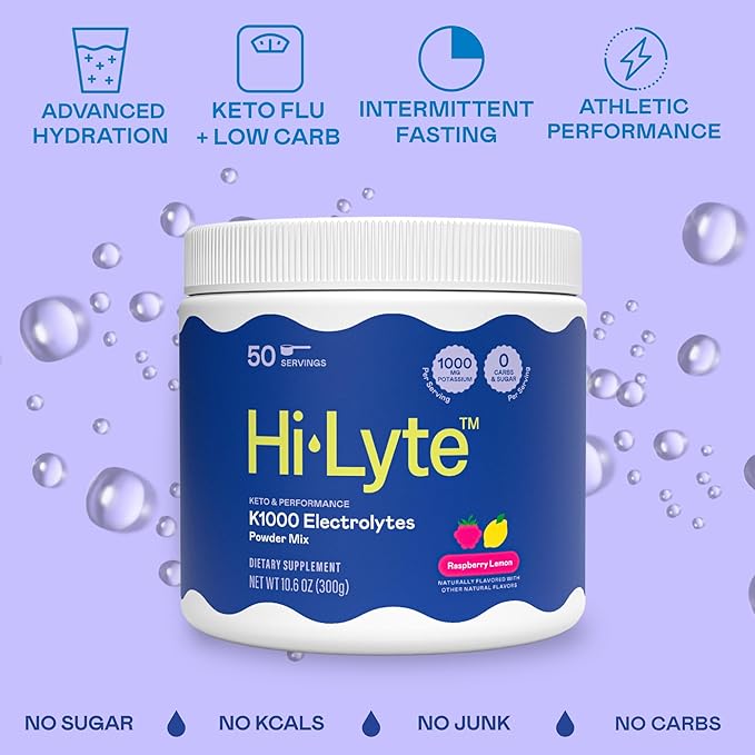 Hi-Lyte Keto K1000 Electrolyte Powder | Raspberry Lemon | Hydration Supplement Drink Mix | Boost Energy & Beat Leg Cramps | No Sugar, No Maltodextrin | 50 Servings-FlexoryFit