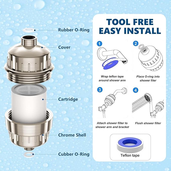 Shower Filter for Hard Water Brushed Nickel - 6 Replacement Cartridges -20 Stage - Showhead Water Softener to Remove Chlorine and Fluoride