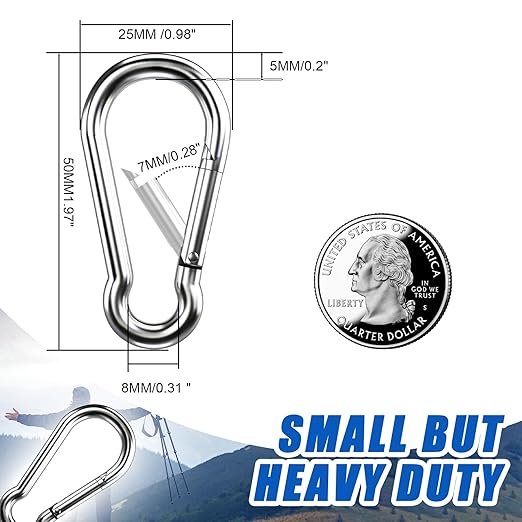 Small Carabiner Clip Hooks, 15pcs 1.97 inch Carabiners Heavy Duty, 304 Stainless Steel Spring Snap Hook Fits Camping Hiking, Metal Clips for Rope Chain Keys Rings