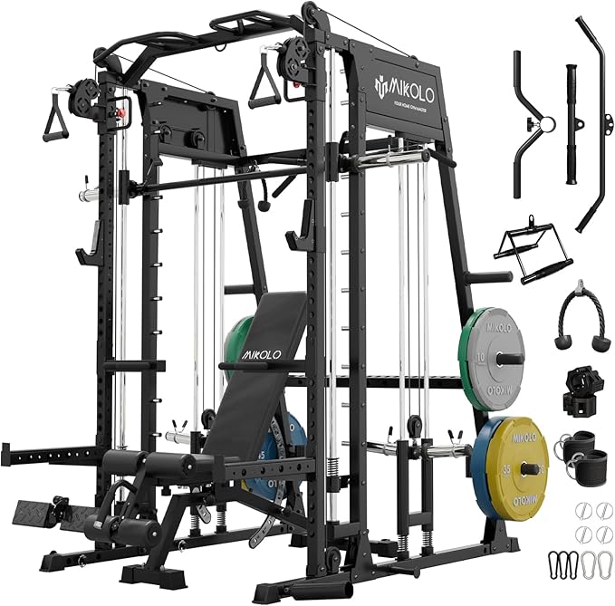 Mikolo Smith Machine, 2200lbs Squat Rack with LAT-Pull Down System & Cable Crossover Machine, Training Equipment with Leg Hold-Down Attachment-FlexoryFit