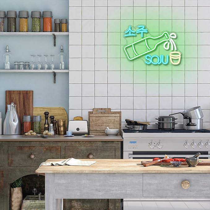 Soju Neon Sign Korean Soju Neon Light Soju Colorful LED Neon Light Korean Led Neon Sign for Bar Korean Restaurant Kitchen Restaurant Wine Cellar Decoration