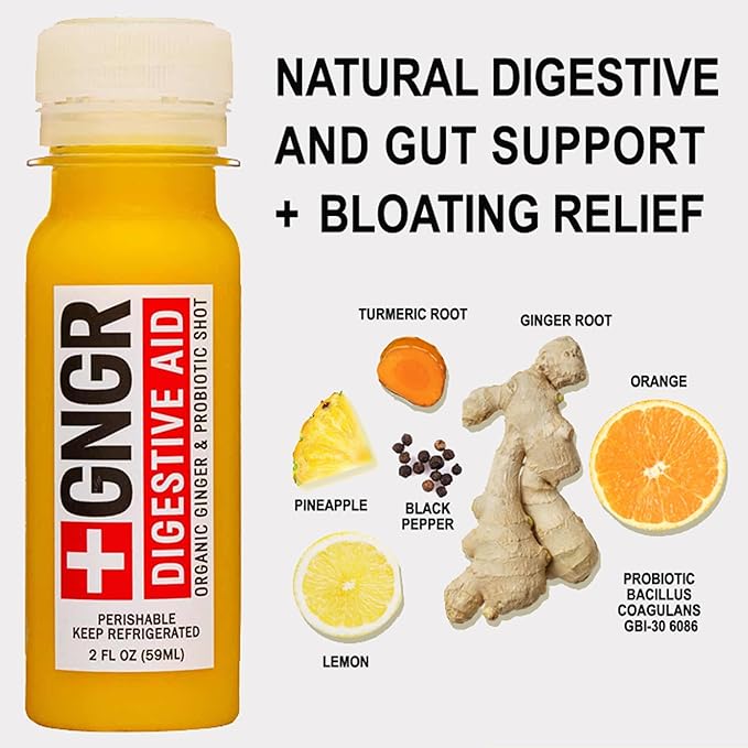 '+GNGR Digestive Aid Organic Ginger Shots with Probiotics, Gut Health, Colon Cleanse, Bloating Relief, Gut Detox, Immunity Shots with Ginger Juice, Turmeric, Black Pepper. (2 Oz, Pack of 12)-FlexoryFit
