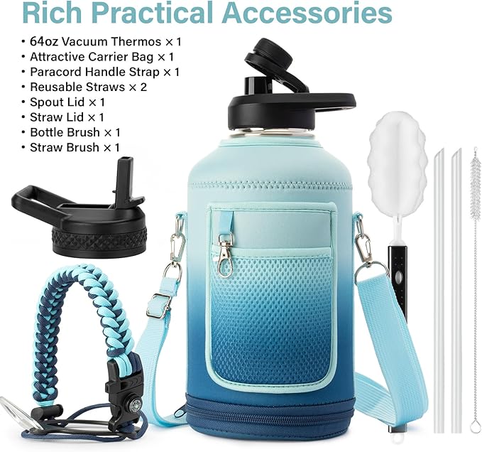 Insulated Water Bottle | Thickened Stainless Steel Vacuum Metal | Portable Sports Half Gallon Large Water Jug for Gym and Hiking with Straw, Carrier Bag, Handle Strap | BPA-Free 64 oz-FlexoryFit