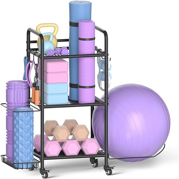 Home Gym Storage Rack Exercise Equipment Storage Organizer for Yoga Mat Dumbbells Kettlebells Foam Roller Yoga Strap & Resistance Bands, Ideal Yoga Mat Holder & Workout Equipment Organizer-FlexoryFit