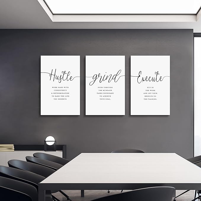 EPHANY Inspirational Wall Art - Large Office Wall Decor Painting, Hustle Grind Execute Quotes, office wall art,working room wall decor, gift for boss (H-3pcs,24x36inchx3pcs)-FlexoryFit
