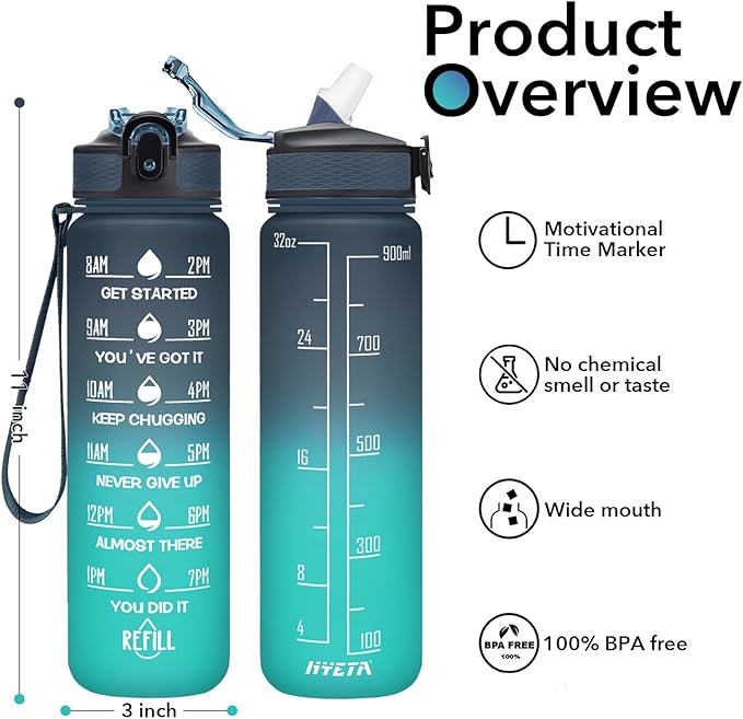 Hyeta 32 oz Water Bottles with Times to Drink and Straw, Motivational Water Bottle with Time Marker, Leakproof, Drinking Sports Water Bottle for Fitness, Gym and Outdoor-FlexoryFit