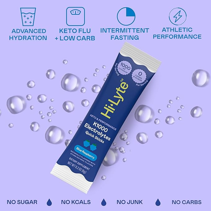 Hi-Lyte Keto & Performance - K1000 Electrolyte Quick Sticks - Blue Raspberry - 1000mg Potassium, Magnesium, Calcium - Single-Serve Packets for Keto Hydration Support - No Sugar, No Carbs-FlexoryFit