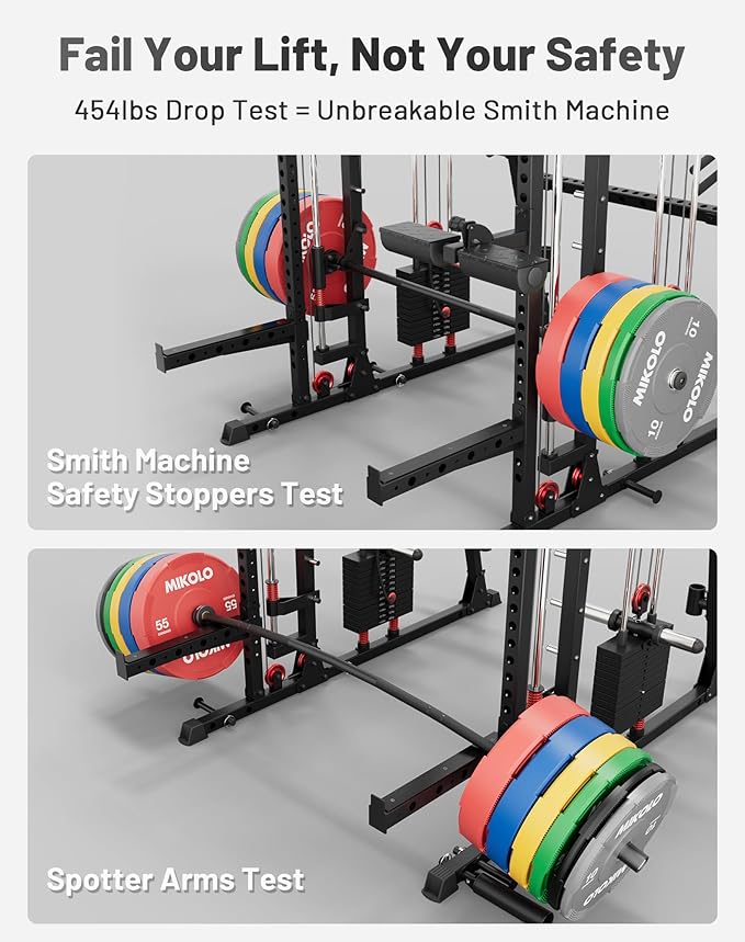 Mikolo Smith Machine, 2200lbs Squat Rack with LAT-Pull Down System & Cable Crossover Machine, Training Equipment with Leg Hold-Down Attachment-FlexoryFit