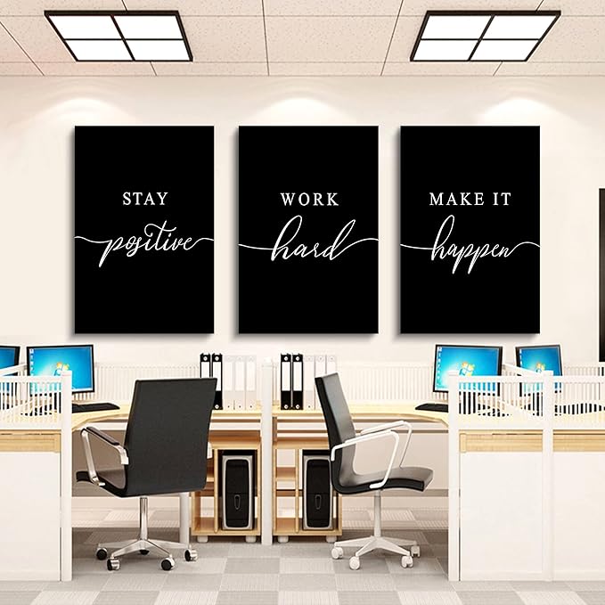 Work Hard Canvas Wall Art - Success Quote, Office Decor - Black Large Poster, Positive Motivational Set of 3 Prints (16x24in x 3pcs)-FlexoryFit