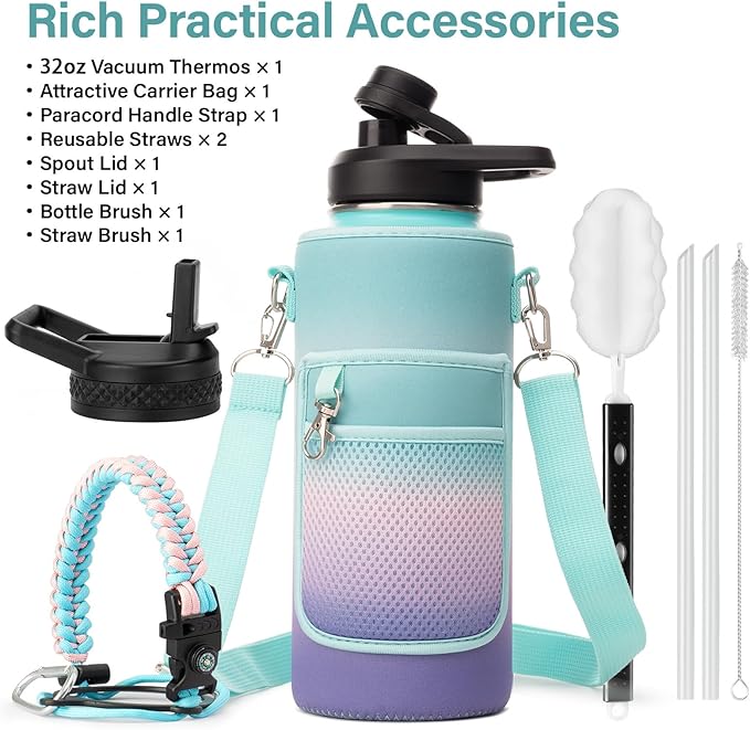 Insulated Water Bottle | Thickened Stainless Steel Vacuum Metal | Portable Sports Water Jug for Gym and Hiking with Straw, Carrier Bag, Handle Strap | BPA-Free 32 oz-FlexoryFit