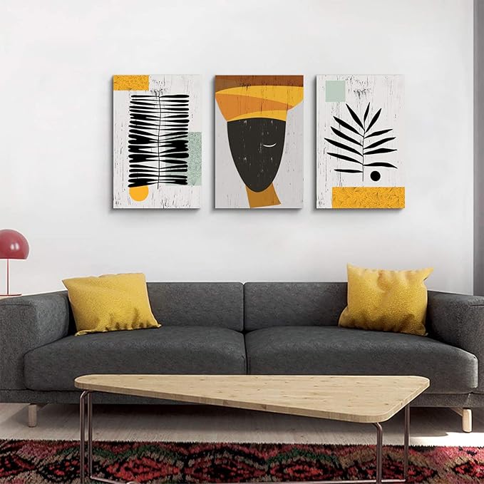 Framed Canvas Wall Art African Ethno Motive Wall Art Set, Abstract Ethno Art, African American Woman Portrait, Black Orange Print, Contemporary Collage, Minimalist (A-3pcs,12x16inchx3pcs)-FlexoryFit