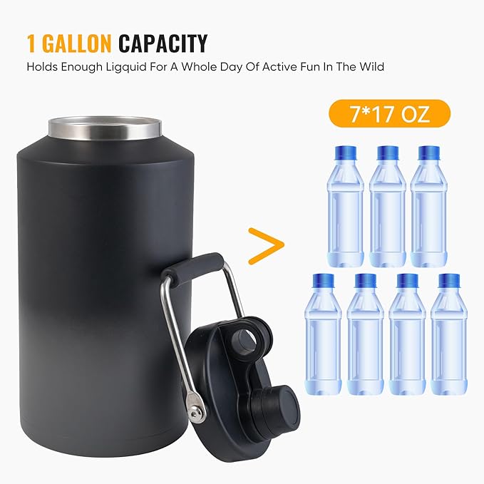 Kerilyn Insulated Gallon Jug with Handle, One Gallon, 128oz Stainless Steel, Large Double Vacuum Water Bottle for Hot & Cold Drinks, Wide Mouth, Sweat Proof, Great for Travel, Camping, Grey Gradient-FlexoryFit