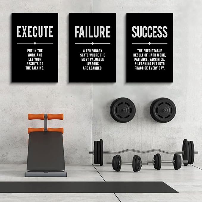 Framed Canvas Wall Art Success Quote, Office Wall Art, Black Large Poster, Positive Motivational Set of 3 Prints, Execute Failure Definition, Inspirational Print (A-3pcs,16x24inchx3pcs)-FlexoryFit
