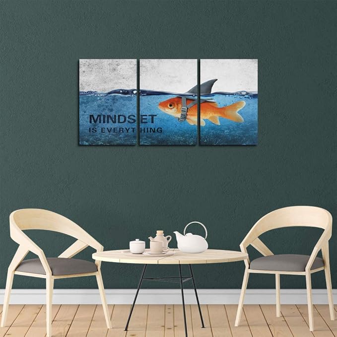 3 Panels Modern Framed Inspirational Canvas Wall Art Goldfish Body Strong Shark Heart Mindset is Everything Motivational Wooden Decor Posters for Office Gym Classroom Home Decoration(48''W x 24''H)-FlexoryFit