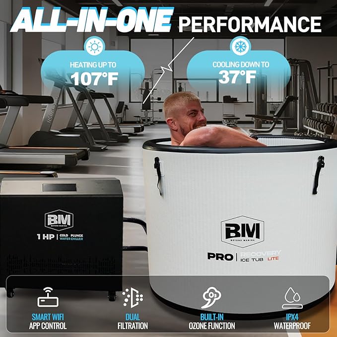 Inflatable Cold Plunge Tub with Chiller, 1 HP Water Chiller for Ice Bath Tub, Hot & Cold Mode Machine with Ozone, Smart WiFi, Dual Filters, Fast Cooling, 115 Gallon, 37.4" L x 37.4" W x 29.53" H
