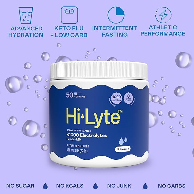 Hi-Lyte Keto K1000 Electrolyte Powder | Unflavored | Hydration Supplement Drink Mix | Boost Energy & Beat Leg Cramps | No Sugar, Stevia, Maltodextrin | 50 Servings-FlexoryFit