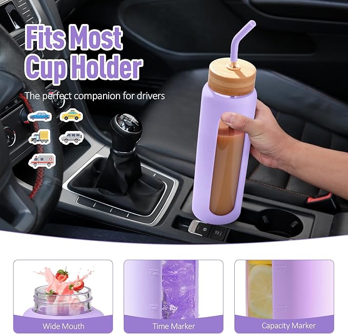 Kodrine Water Bottle with Straw, 24 oz Glass water Bottle with 2 Lids Bamboo Straw Lid and Spout Lid with Handle, 32 oz Clear Water Bottle Glass for Sports Travel, Waterbottle with Time Marker-FlexoryFit