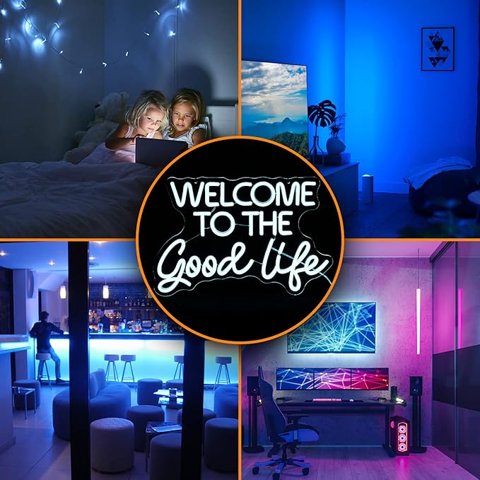 Welcome To The Good Life Neon Sign Letter LED Neon Lights Dimmable USB Powered 16.5’’X11’’Cool Wall Decorative Light Bedroom Kids Room Birthday Party Bar Decoration Gifts for Friend(Ice blue)