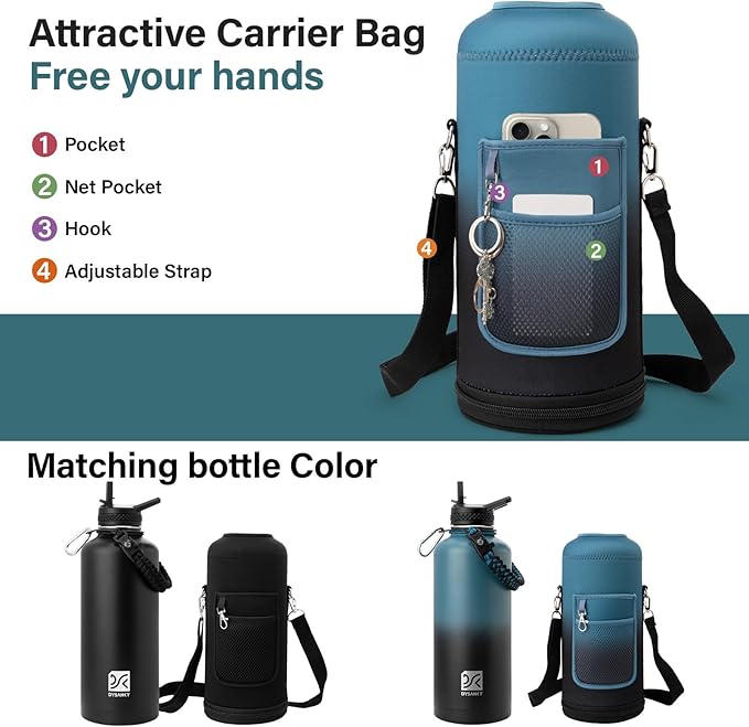 Insulated Water Bottle | Thickened Stainless Steel for Gym and Hiking with Straw, Carrier Bag, Handle Strap | BPA-Free 87 oz-FlexoryFit