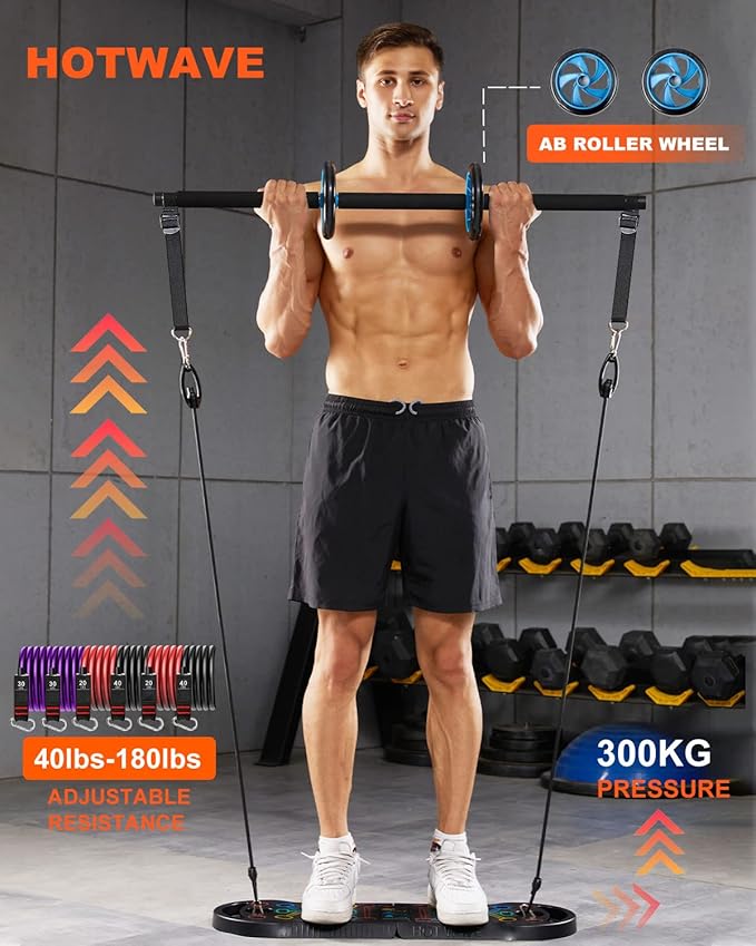 HOTWAVE Portable Exercise Equipment with 16 Gym Accessories.20 in 1 Push Up Board Fitness,Resistance Bands with Ab Roller Wheel,Full Body Workout at Home-FlexoryFit
