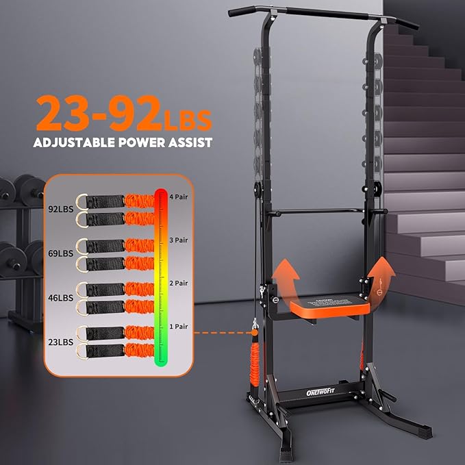 ONETWOFIT Power Tower Pull Up Bar Station Assistive Trainer, Multi-Function Adjustable Height Dip Station for Home Gym Workout, Strength Training Fitness Equipment, Pull Up Stand 360LBS