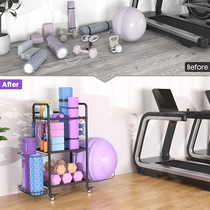 Home Gym Storage Rack Exercise Equipment Storage Organizer for Yoga Mat Dumbbells Kettlebells Foam Roller Yoga Strap & Resistance Bands, Ideal Yoga Mat Holder & Workout Equipment Organizer-FlexoryFit