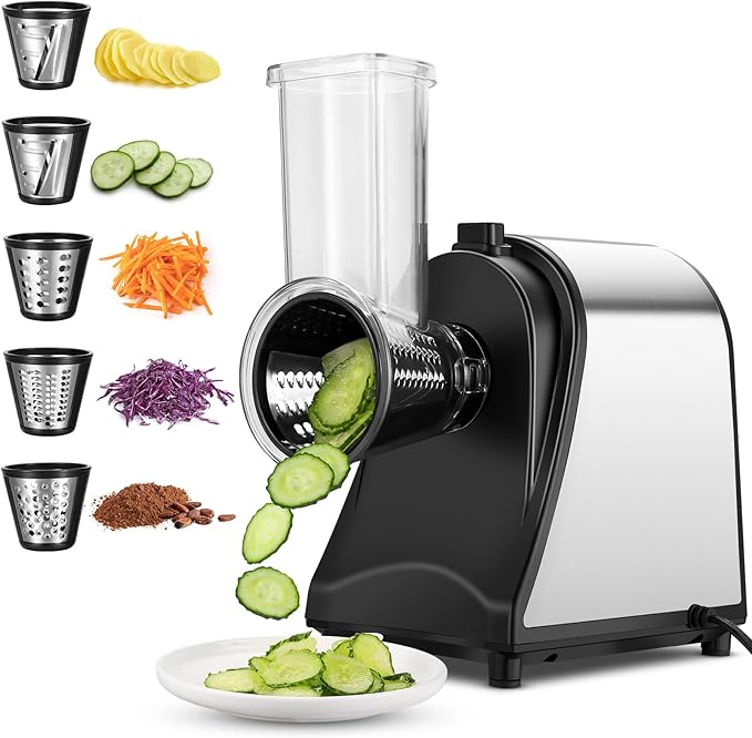 Homdox 250W Electric Cheese Grater, Electric Slicer Shredder, Salad Maker Electric Grater Electric Cheese Grater/Shredder with 5 Free Attachments, Ivory-FlexoryFit