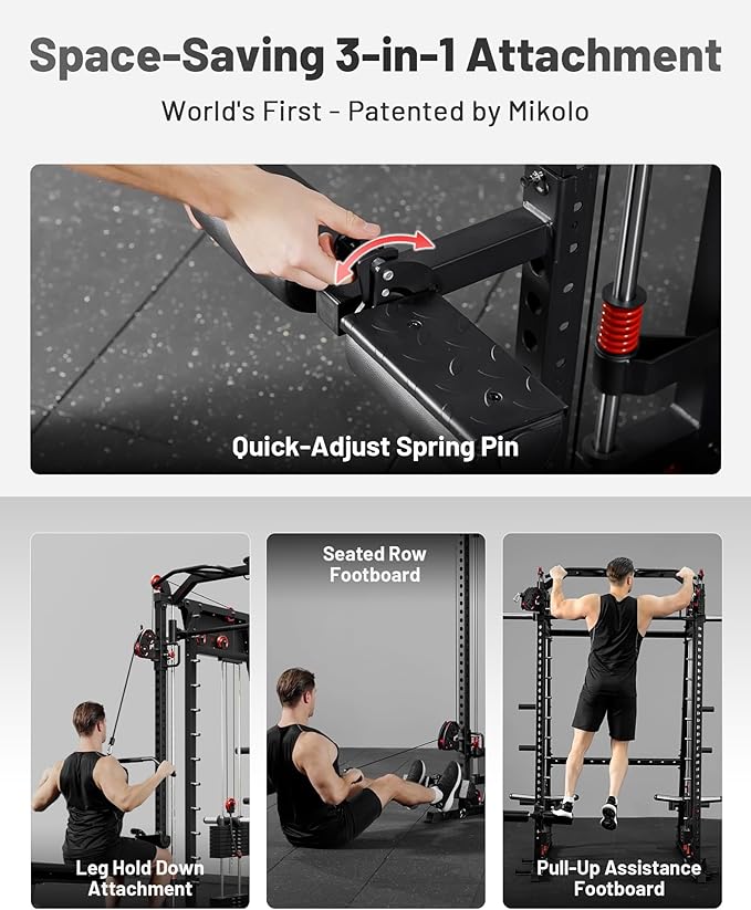 Mikolo Smith Machine, 2200lbs Squat Rack with LAT-Pull Down System & Cable Crossover Machine, Training Equipment with Leg Hold-Down Attachment-FlexoryFit