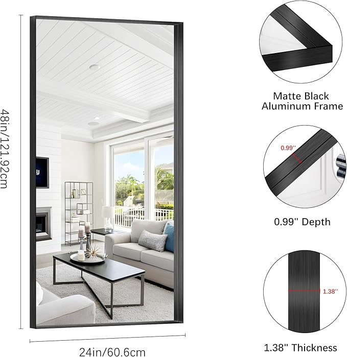 Black Bathroom Mirror, 24x48 Inch Rectangular Framed Mirror, Large Wall Mounted Bathroom Vanity Mirror Over Sink for Bedroom,Restroom, Living Room, Hangs Vertically or Horizontally-FlexoryFit