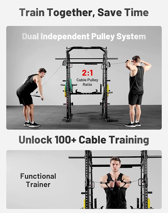 Mikolo Smith Machine, 2200lbs Squat Rack with LAT-Pull Down System & Cable Crossover Machine, Training Equipment with Leg Hold-Down Attachment-FlexoryFit
