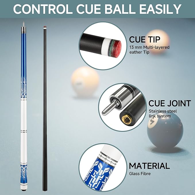 HomeSeason Glass Fiber Pool Cue 58" Professional Pool Stick 12.7mm 4-Layer Tip Low Deflection Cue Stick, 3 * 8/8Joint Pin, Ultra-Smooth, Billiard Cue Sticks-FlexoryFit