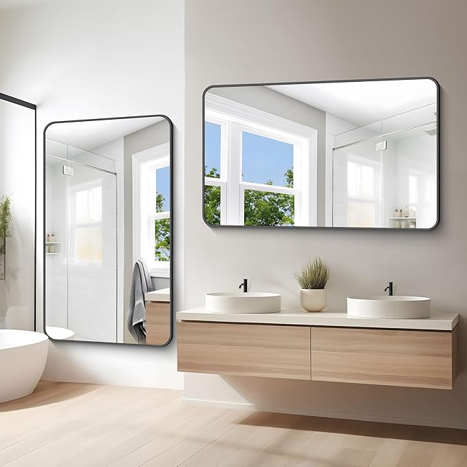 60x36 inch Large Bathroom Mirror,Black Rectangle Mirror,Wall Mounted Bathroom Frame Vanity Mirror with Round Corner for Bedroom Living Room, Entryway Hangs Horizontal or Vertical-FlexoryFit