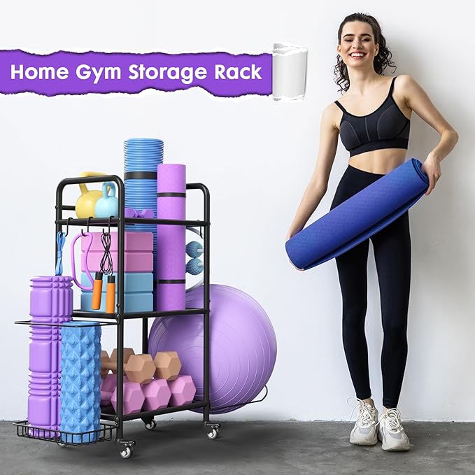Home Gym Storage Rack Exercise Equipment Storage Organizer for Yoga Mat Dumbbells Kettlebells Foam Roller Yoga Strap & Resistance Bands, Ideal Yoga Mat Holder & Workout Equipment Organizer-FlexoryFit