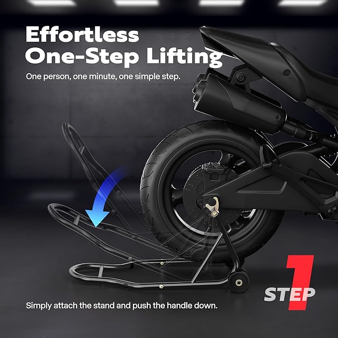 SPECSTAR Motorcycle Stand, 441 Lbs Capacity Rear Wheel Lift with U+L Adjustable Swingarm Spool, Heavy Duty Paddock Stand for BMW Suzuki Yamaha Honda Kawasaki, Black