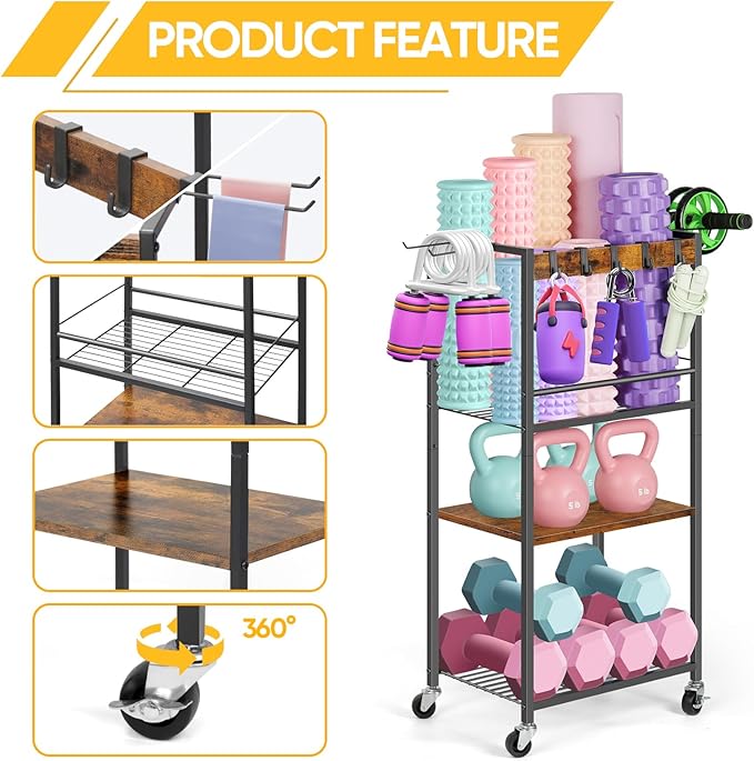 Home Gym Storage Rack, Heavy Duty Yoga Mat Holder Workout Equipment Storage Organizer Weight Rack with Hooks & Wheels for Dumbbells Kettlebells Dumbbell Yoga Block Foam Rollers Yoga Strap Resistance Bands, Fitness Exercise Equipment-FlexoryFit