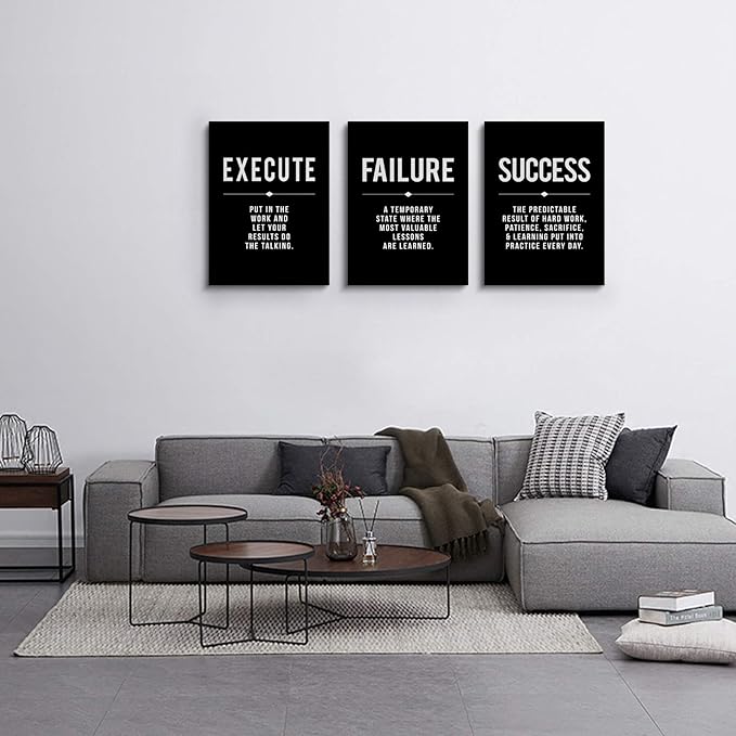 Framed Canvas Wall Art Success Quote For Office, Black Large Positive Motivational Poster, Set of 3, Execute Failure Definition, Inspirational Print (A-3pcs,12x16inchx3pcs)-FlexoryFit