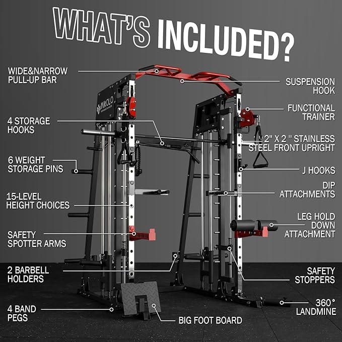 Mikolo Smith Machine, 2200lbs Squat Rack with LAT-Pull Down System & Cable Crossover Machine, Training Equipment with Leg Hold-Down Attachment-FlexoryFit