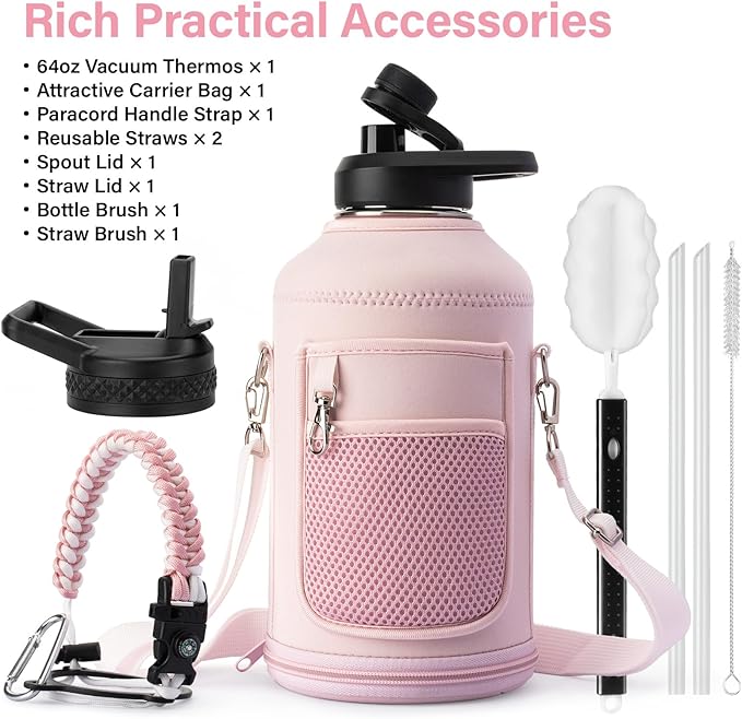 Insulated Water Bottle | Thickened Stainless Steel Vacuum Metal | Portable Sports Half Gallon Large Water Jug for Gym and Hiking with Straw, Carrier Bag, Handle Strap | BPA-Free 64 oz-FlexoryFit