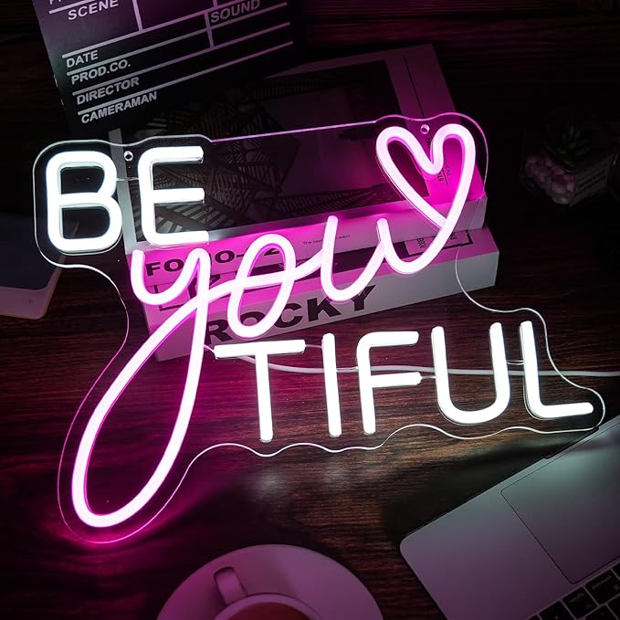 Be Your Tiful Neon Sign Dimmable Letter Neon Signs White Pink Wall Decorative Lights Powered USB with Switch for Bedroom Kid Room Shop Apartment Birthday Party Wedding (15.7’’X11.8’’)