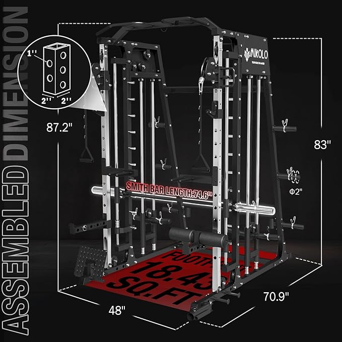 Mikolo Smith Machine, 2200lbs Squat Rack with LAT-Pull Down System & Cable Crossover Machine, Training Equipment with Leg Hold-Down Attachment-FlexoryFit