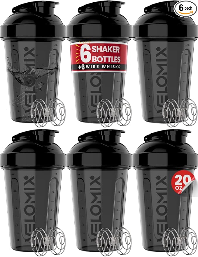 '-6 PACK- Shaker Cups for Protein Shakes 20 oz - 6x Wire Whisk | Leak Proof Protein Shaker Bottle for Protein Shakes, Shaker Bottle Pack for Pre & Post Workout, Shaker Cup (ALL IN BLACK)-FlexoryFit