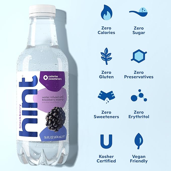 Hint Water Blackberry, Pure Water Infused with Blackberry, Zero Sugar, Zero Calories, Zero Sweeteners, Zero Preservatives, Zero Artificial Flavors, 16 Fl Oz (Pack of 12)-FlexoryFit