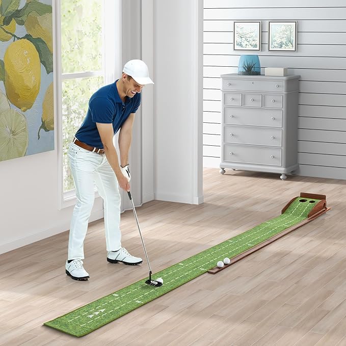 Tangkula 10 FT Golf Putting Green, 2/3-Hole Golf Putting Practice Mat with Auto Ball Return for Indoors & Outdoors, Alignment Guides & 3 Golf Balls, Mini Golf Game for Home and Office