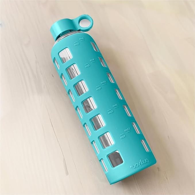 purifyou 40oz / 32oz / 22oz / 12oz Borosilicate Glass Water Bottle with Time & Volume Markers, Silicone Sleeve, Stainless Steel Lid | Reusable Glass Bottle for Water & Juice (32oz Aqua Blue)
