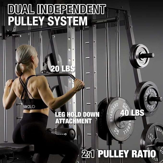 Mikolo Smith Machine, 2200lbs Squat Rack with LAT-Pull Down System & Cable Crossover Machine, Training Equipment with Leg Hold-Down Attachment-FlexoryFit