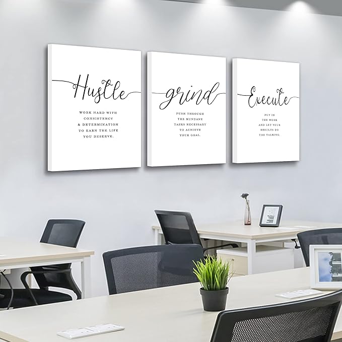 EPHANY Inspirational Wall Art - Large Office Wall Decor Painting, Hustle Grind Execute Quotes, office wall art,working room wall decor, gift for boss (H-3pcs,24x36inchx3pcs)-FlexoryFit